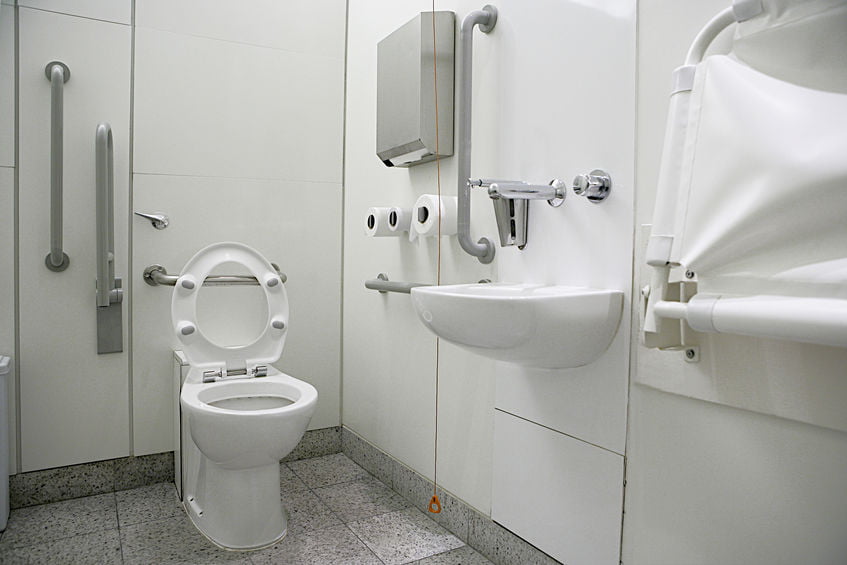 horizontal view of a toilet interior for disabled